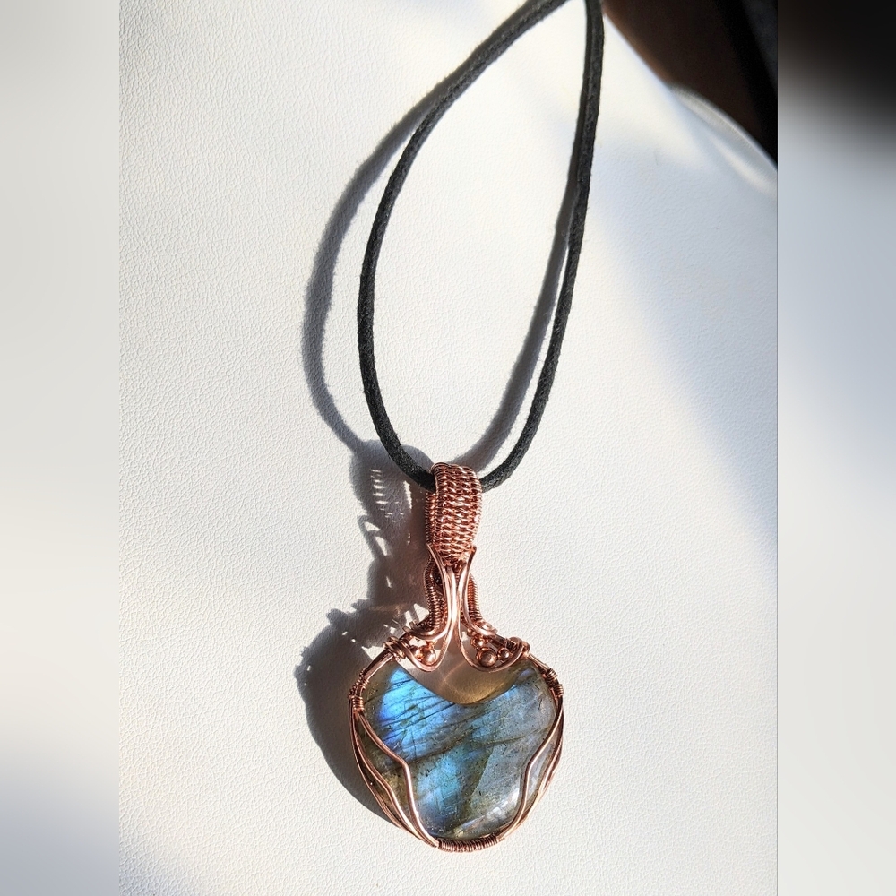 Ethereal Moon Pendant-Artisan-Blue Labradorite Gemstone-Copper Wire Wrap - Picture 7 of 17